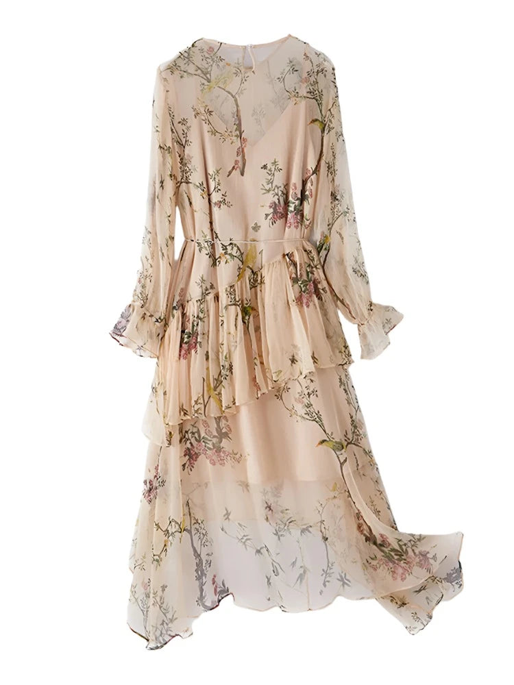 Long Sleeve Asymmetric Lace Up Floral Print ruffle dress VestiVogue  