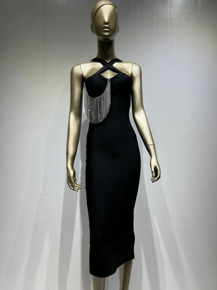 Diamond Dazzle Black V-Neck Bandage Dress with Crystal Tassels VestiVogue  