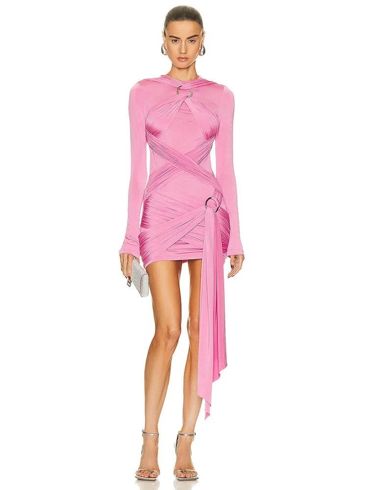 Pink Draped Mini Dress with Crossed Rings VestiVogue