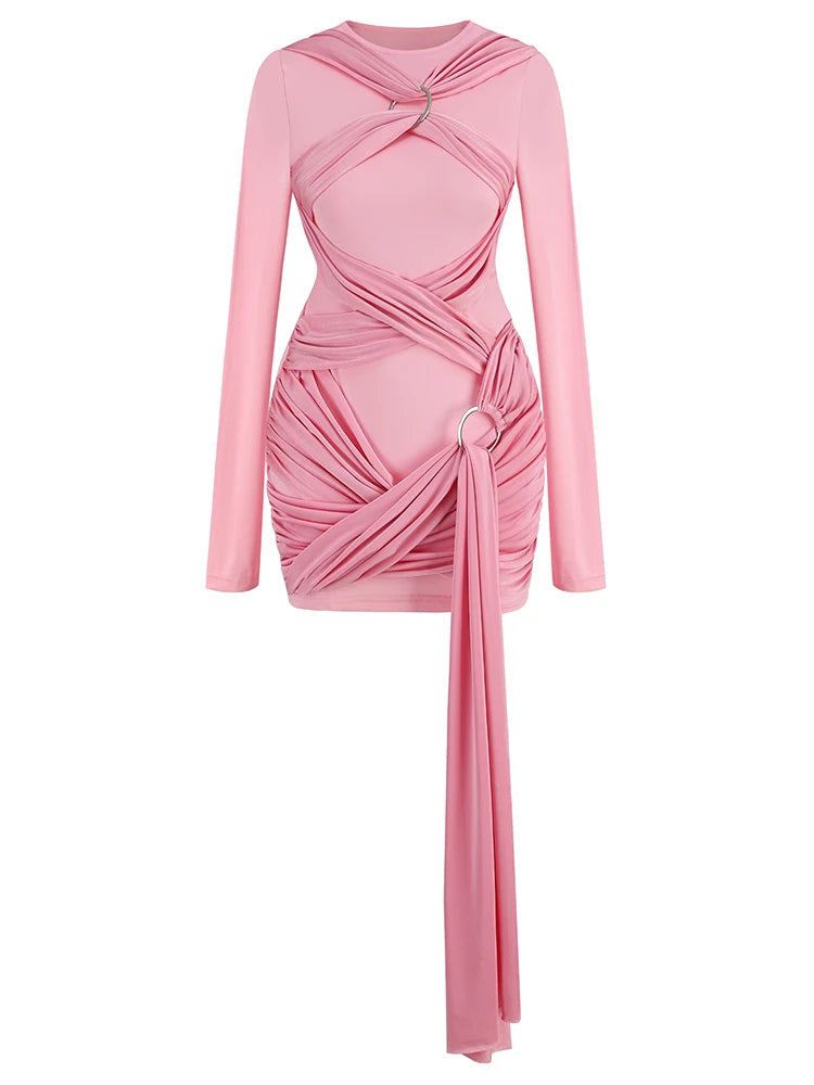 Pink Draped Mini Dress with Crossed Rings VestiVogue