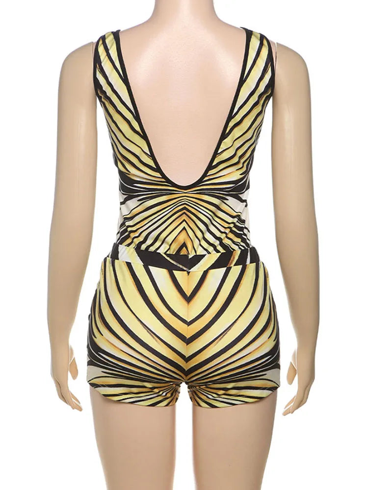 V-Neck Backless Striped Tank and Shorts Set VestiVogue