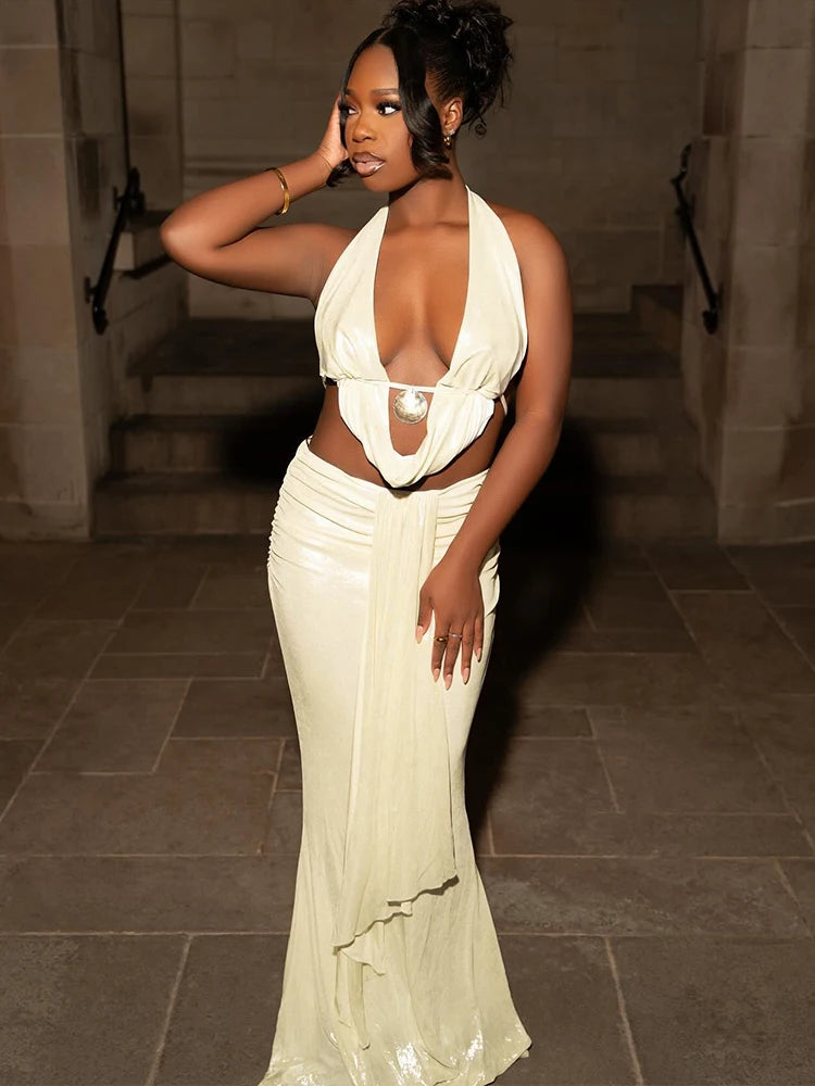 Halter Neck Glitter Tank & Ruched Skirt Set VestiVogue