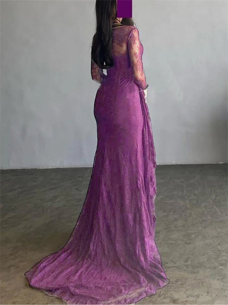 Ruffled Lace Maxi Dress with Square Neckline and Full Sleeves VestiVogue