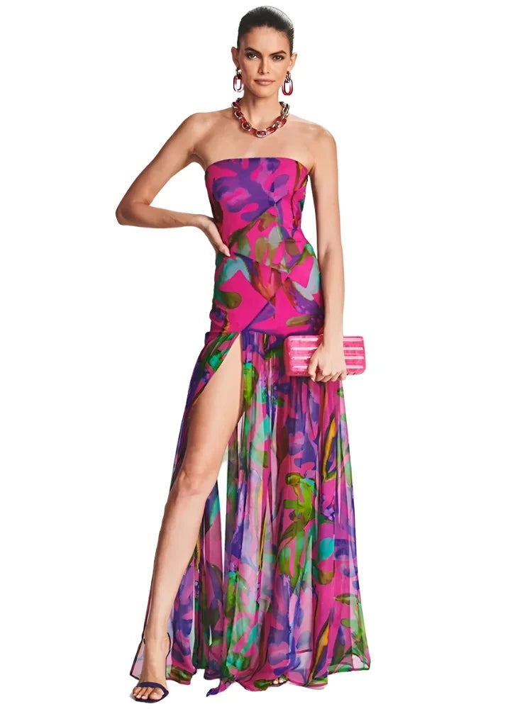 Strapless Print Purple Split Maxi Dress VestiVogue PURPLE S