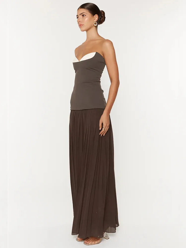 Chic Pleated Strapless Brown Mini Gown VestiVogue