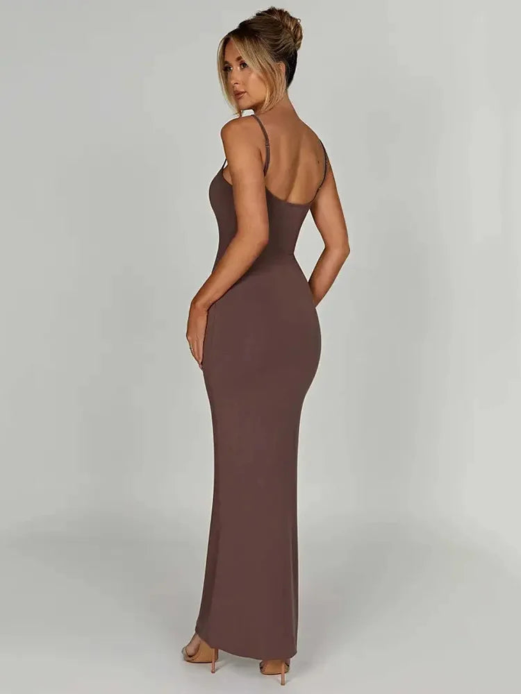 Backless Spaghetti Strap Bodycon Maxi Dress VestiVogue Light Brown M