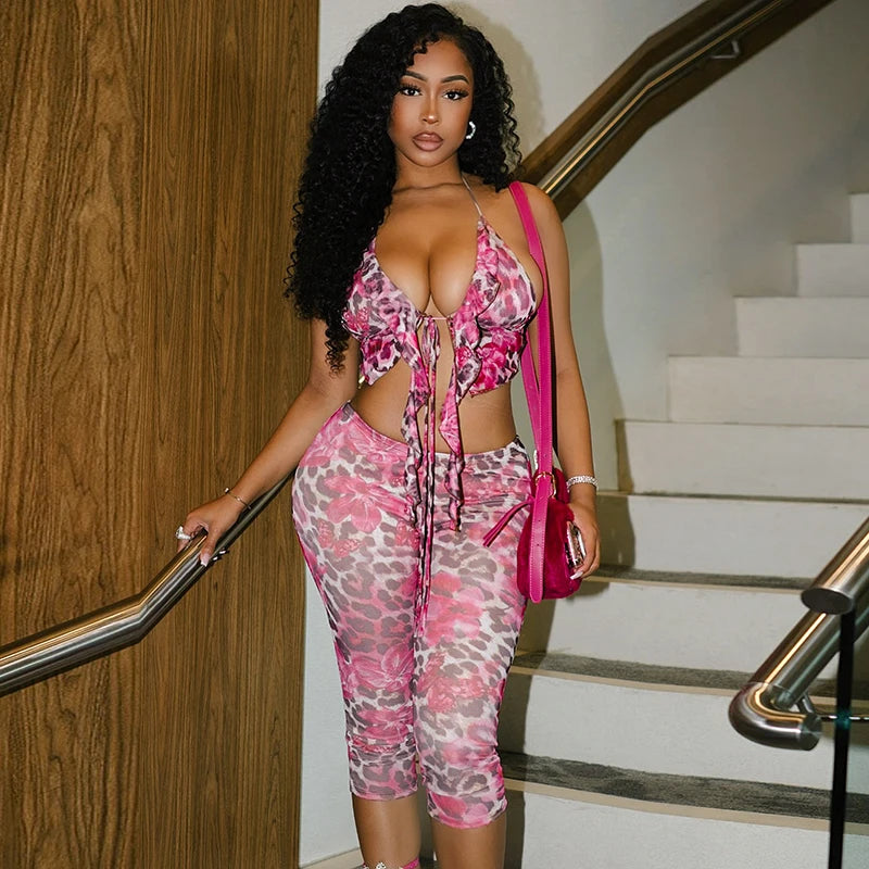 Floral Leopard Print Ruffle Tie Tank Top & Low Waisted Pants Set VestiVogue