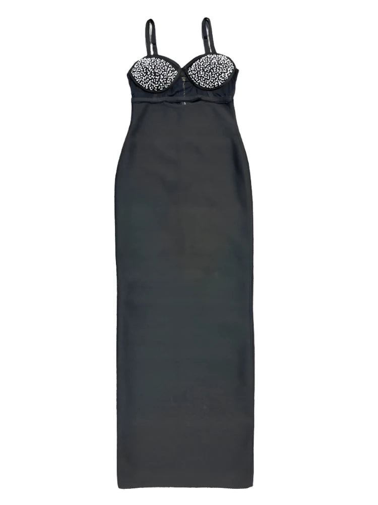 Sleveless Cutout Black Beading Midi Bandage Dress VestiVogue  