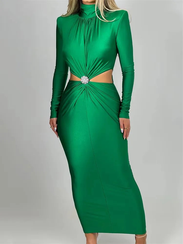 Elegant Hollow Out Turtleneck Bodycon Maxi Dress VestiVogue green L