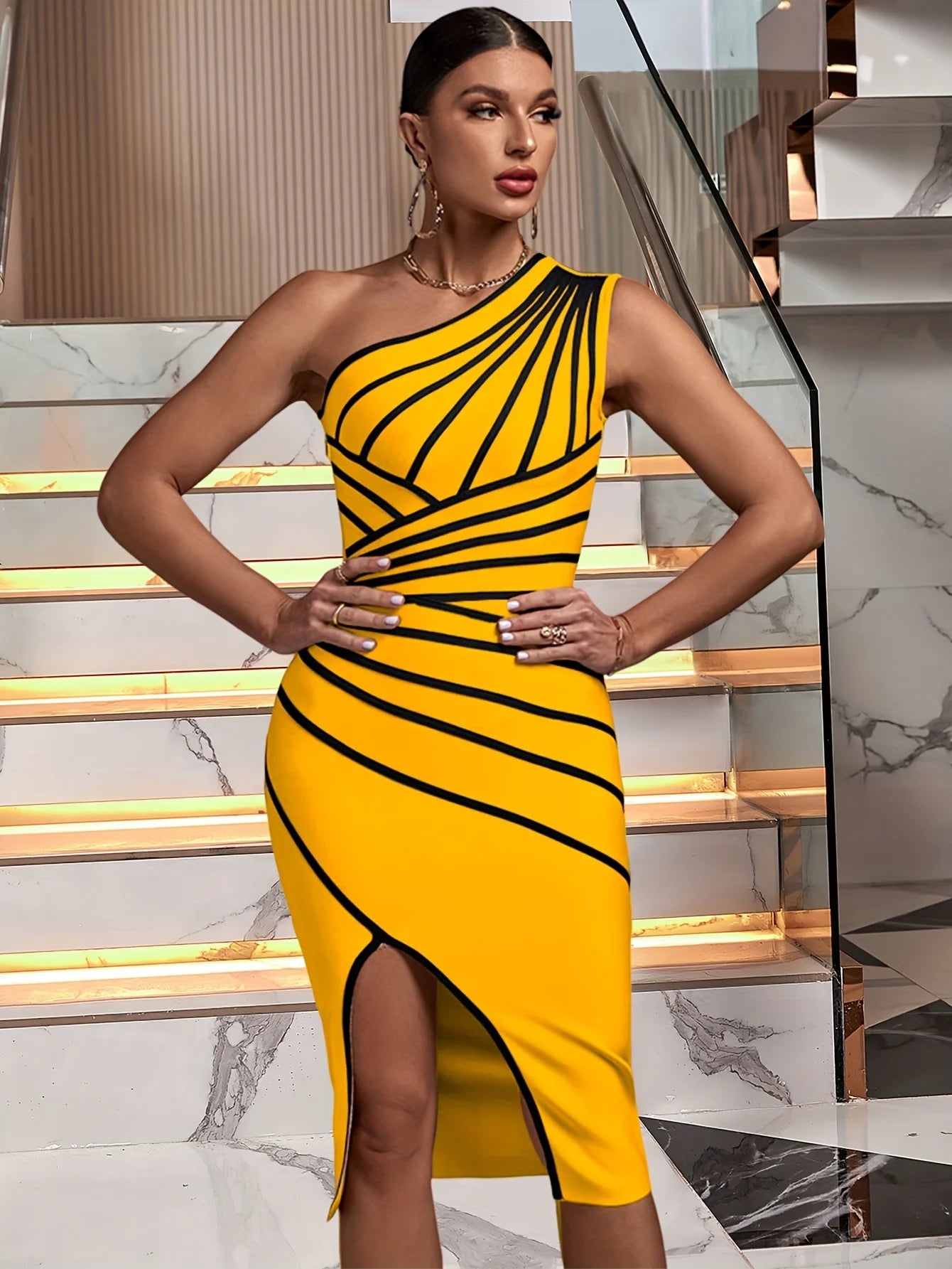 One-Shoulder striped Bandage dress VestiVogue