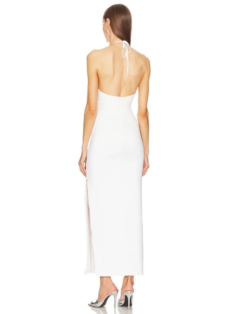 White Halter Cut Out Long Gown VestiVogue