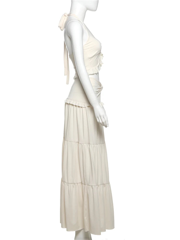Chic Halter Ruffle Trim Two-Piece Summer Set VestiVogue Ivory XL