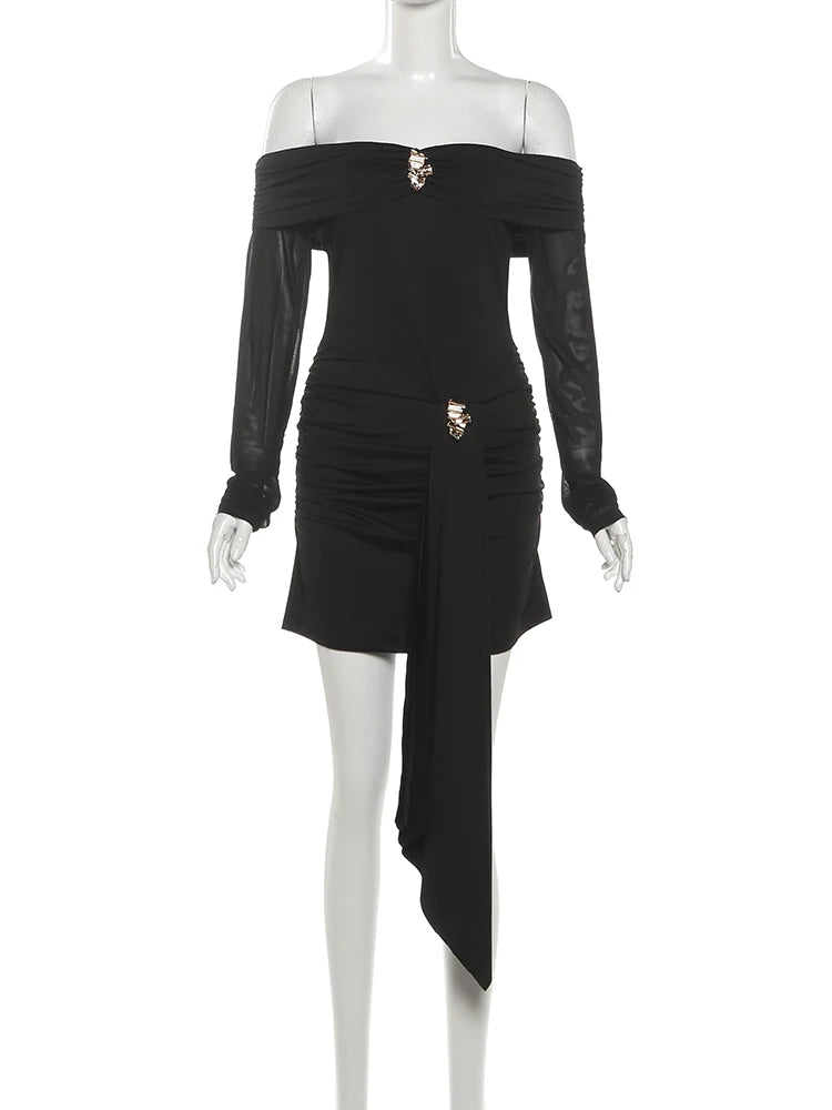 Off-Shoulder Sequined Pleated Mini Dress with Full Sleeves VestiVogue