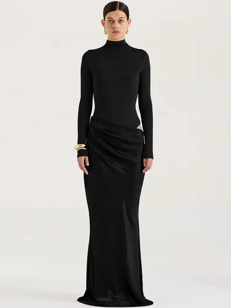 Elegant Black Satin Hollow-Out Maxi Dress with High Waist VestiVogue Black Long Sleeve L
