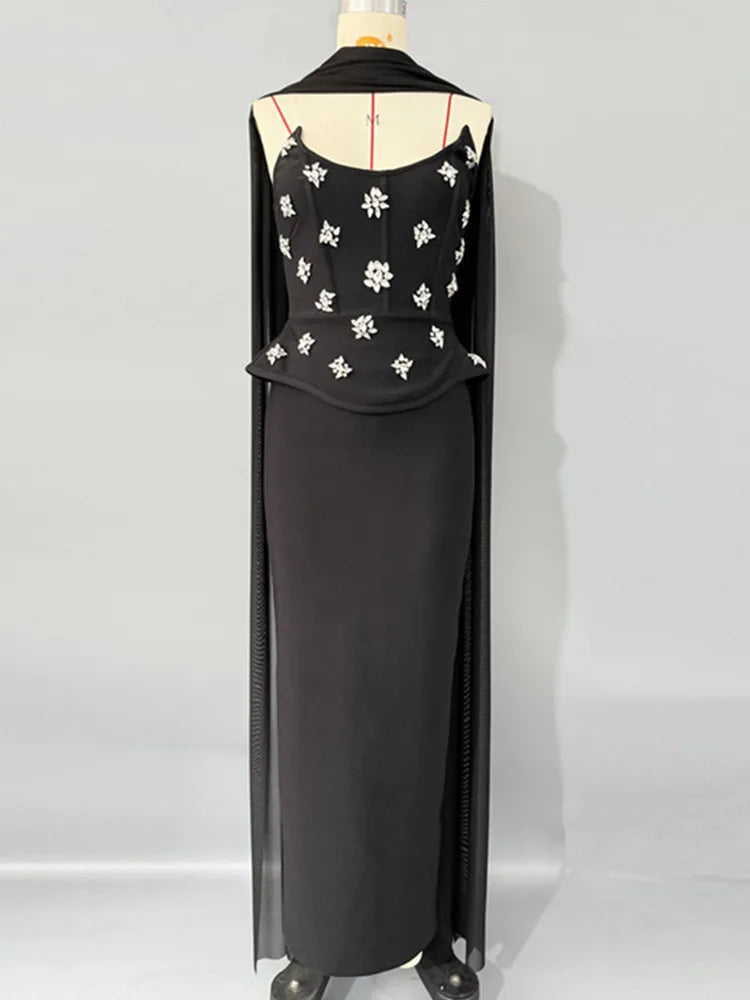 Elegant Black Beaded Bodycon Maxi Dress VestiVogue