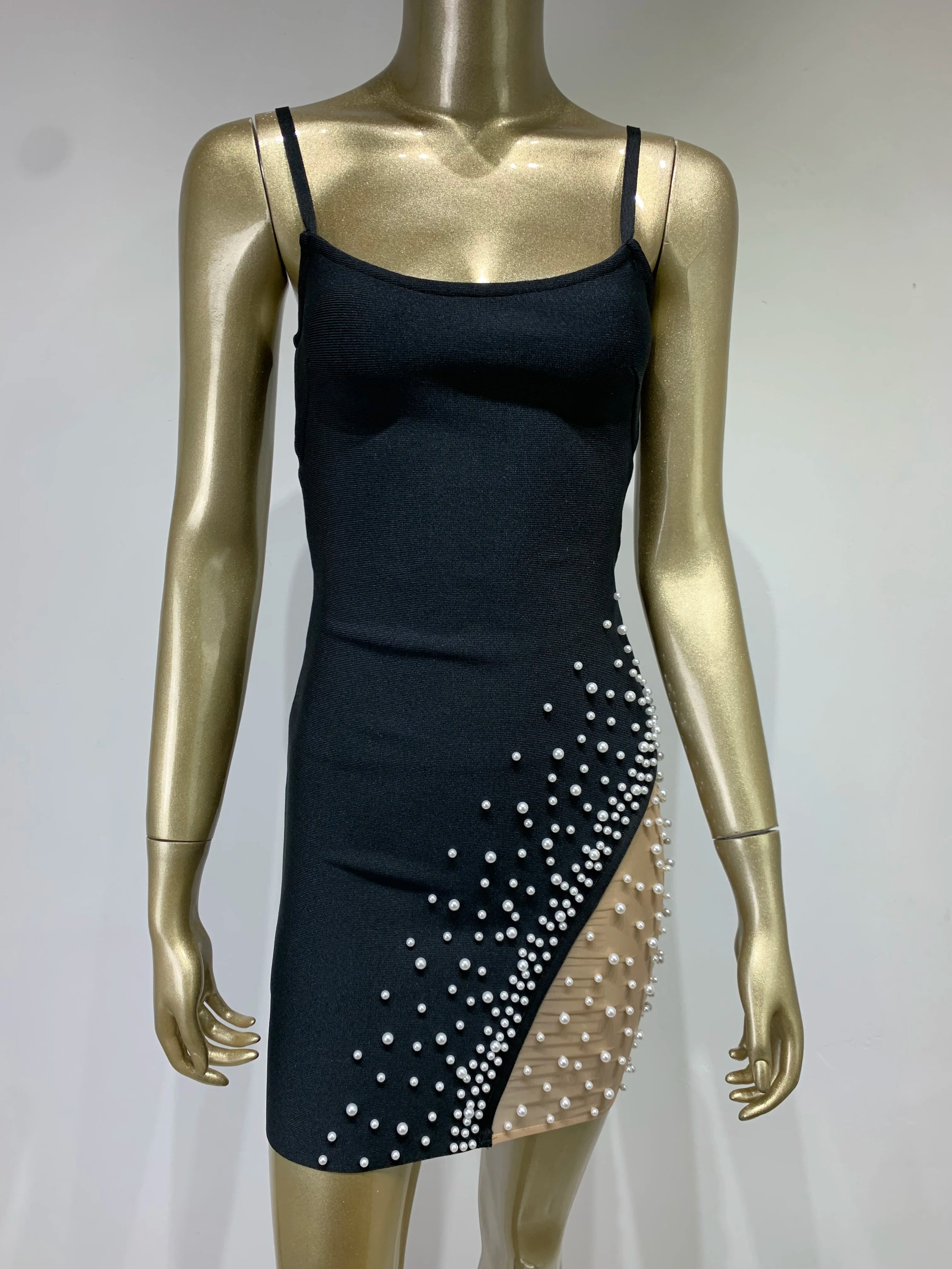 Elegant Black Mesh Beaded Bodycon Dress VestiVogue  