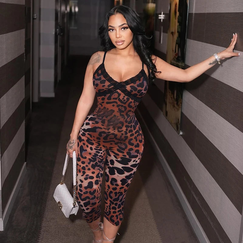 Leopard Print Lace Trim Bodycon Jumpsuit VestiVogue Brown S