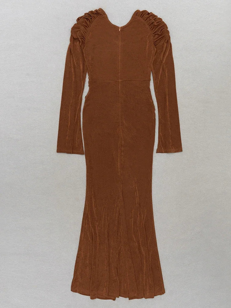 Brown V-Neck Flare Sleeve Maxi Dress VestiVogue