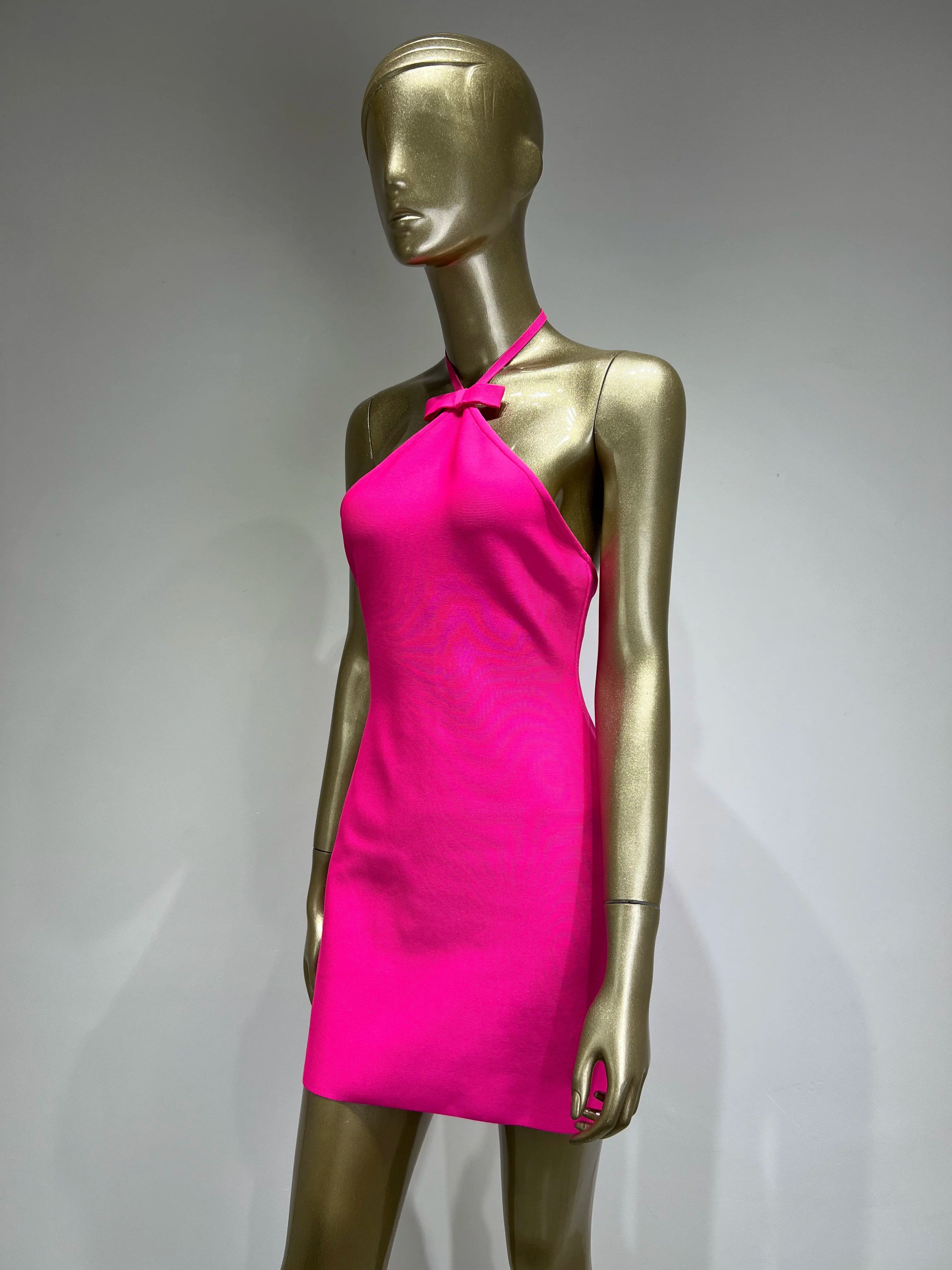 Hot Pink V-Neck Mini Dress VestiVogue