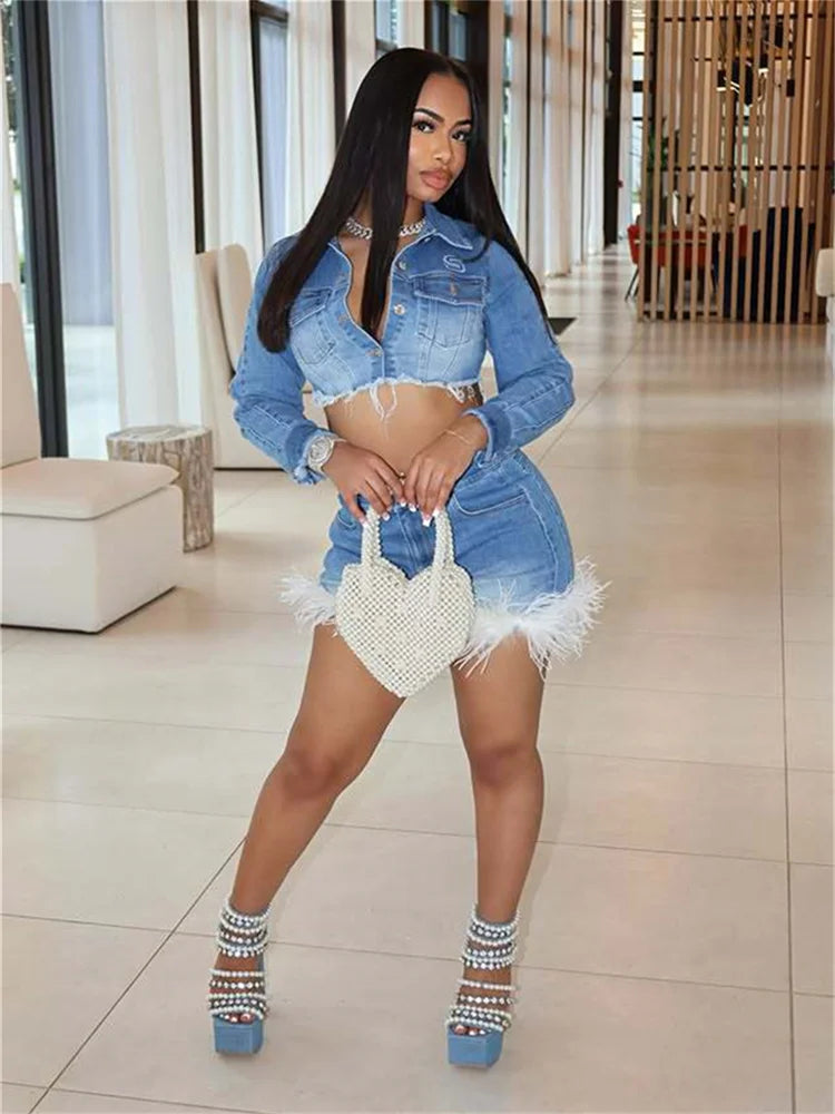 Chic Two-Piece Denim Set with Polo-Neck Top and Furry Patchwork Skirt VestiVogue