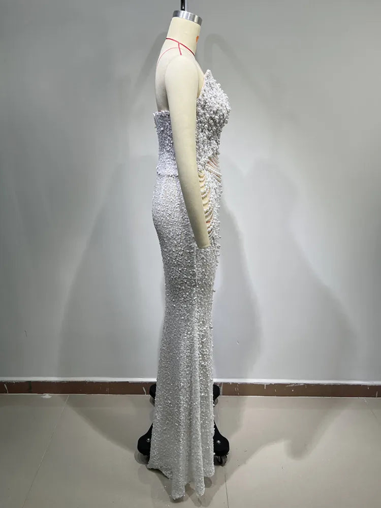 Strapless Backless Beige Sequin Maxi Gown VestiVogue