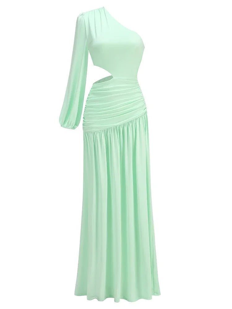 One Shoulder Ruched Maxi Dress VestiVogue Mint Green XS