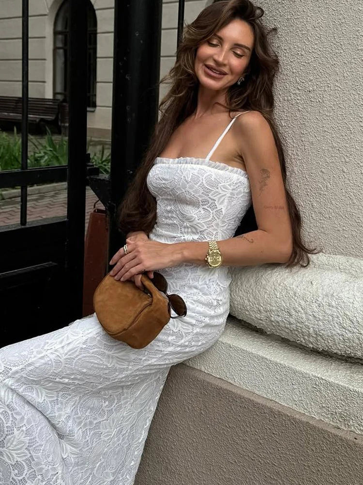 Off Shoulder Ruffle Evening Dress Jacquard Spaghetti Strap Dress Backless Ankle-Length Sheath Dress VestiVogue