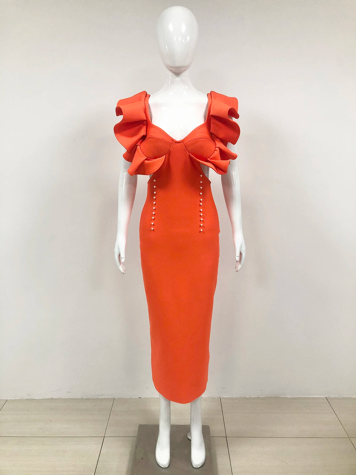 Orange Cut Out Midi Bandage Bodycon Dress VestiVogue  