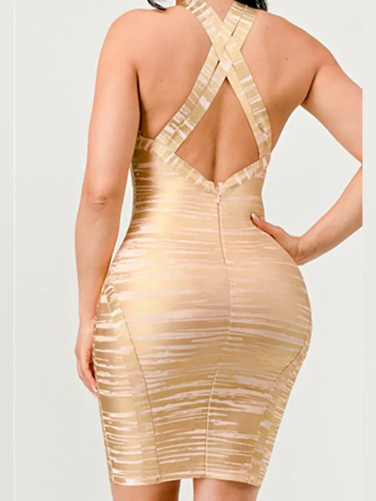 Bronzing Gold V Neck Bodycon Mini Dress VestiVogue