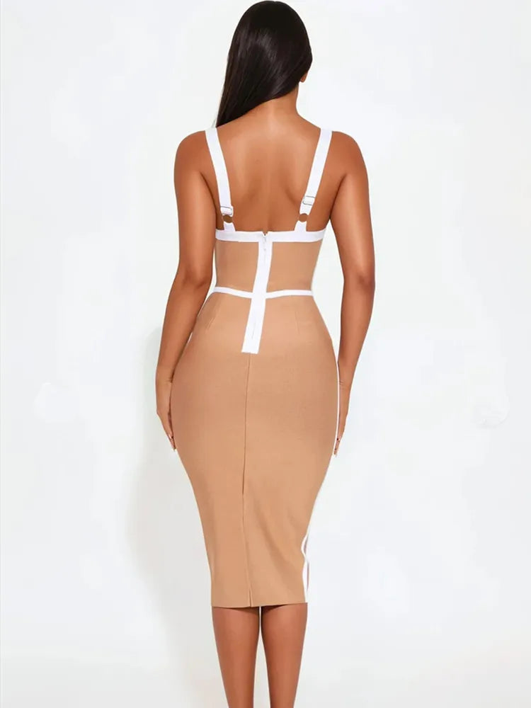 Beige V Neck Midi Bodycon Dress with Patchwork Design VestiVogue