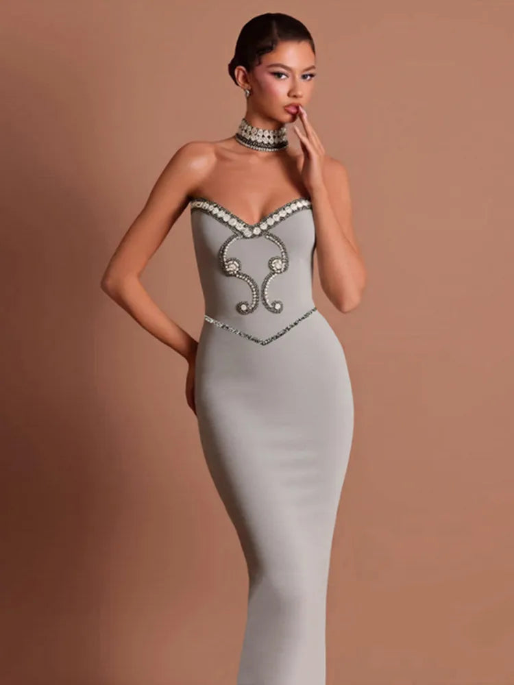 Beaded Grey Strapless Maxi Bodycon Dress VestiVogue