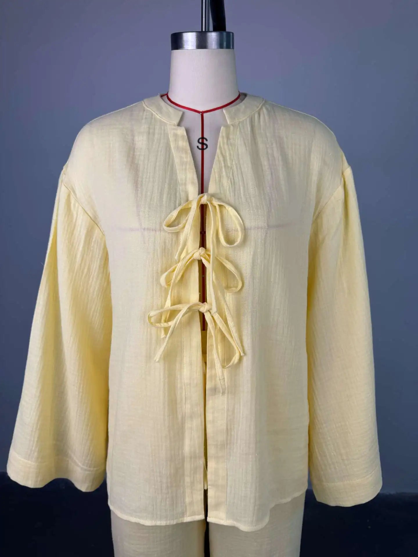 Chic Lace Up V-Neck and Wide Leg Trousers Set VestiVogue