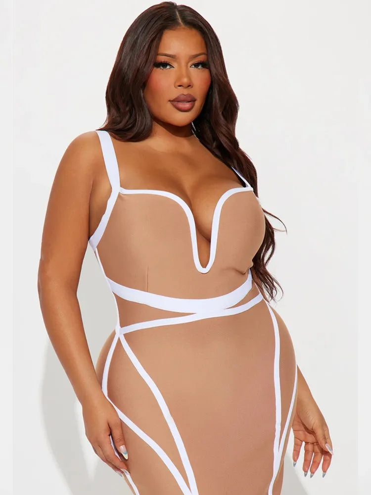 Beige V Neck Midi Bodycon Dress with Patchwork Design VestiVogue