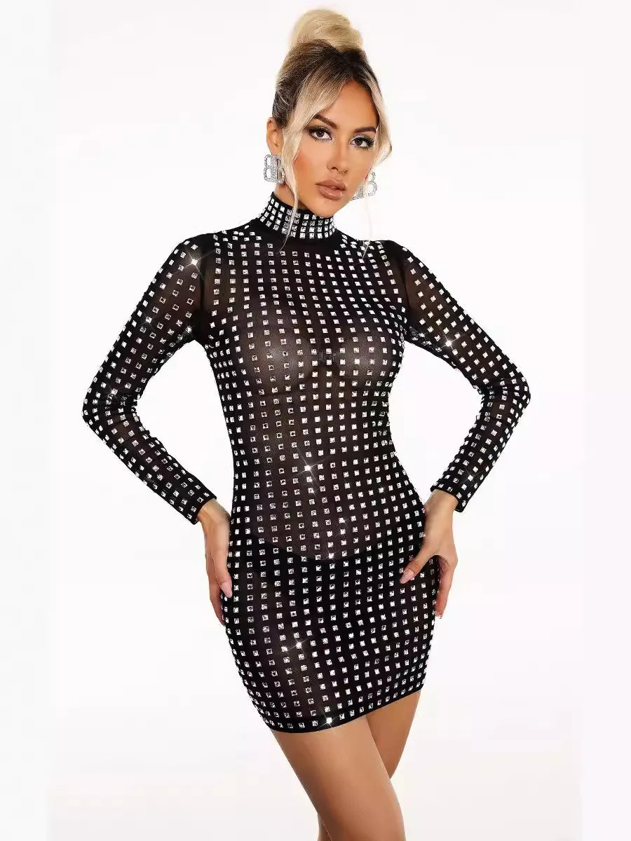 Rhinestone Crystal Mini Black Bodycon Dress VestiVogue black L