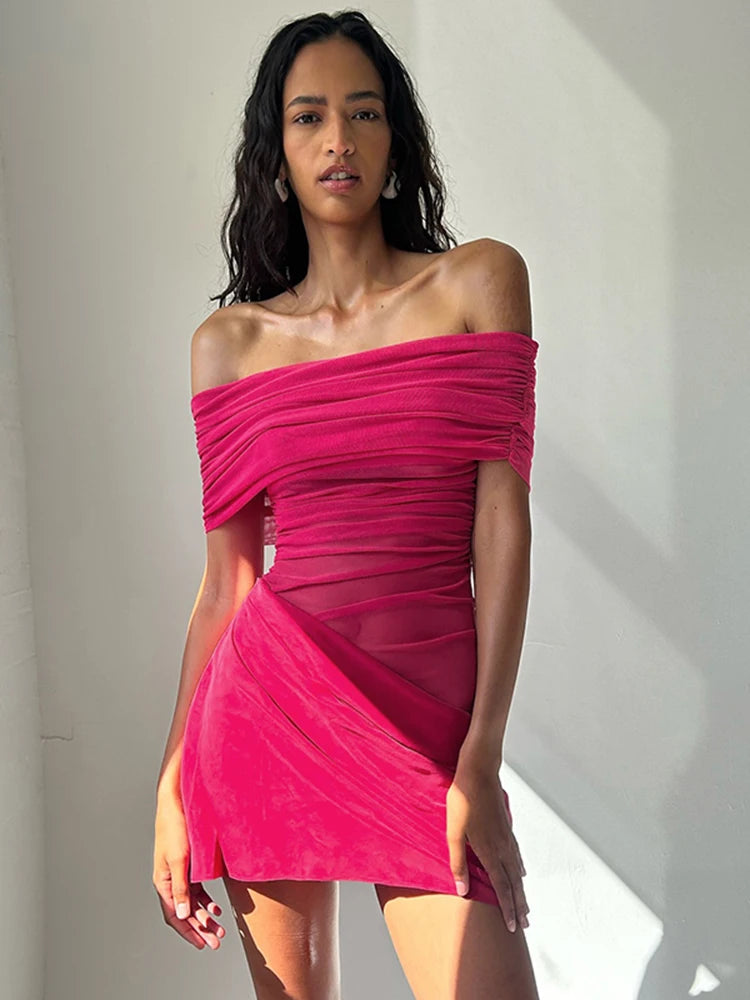 Off-Shoulder Sheer Pleated Bodycon Mini Dress VestiVogue Rose Red L