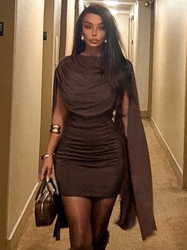 Flattering Pleated Mini Dress with Unique Swinging Neckline VestiVogue