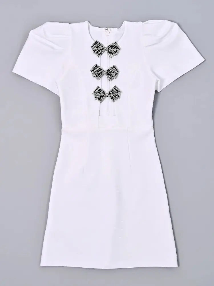 White Bandage Mini Dress with Bow and Crystal Beads VestiVogue WHITE S