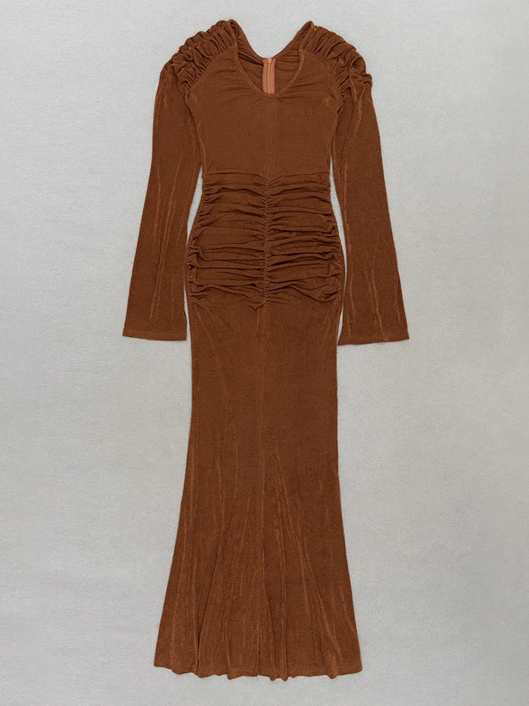 Brown V-Neck Flare Sleeve Maxi Dress VestiVogue