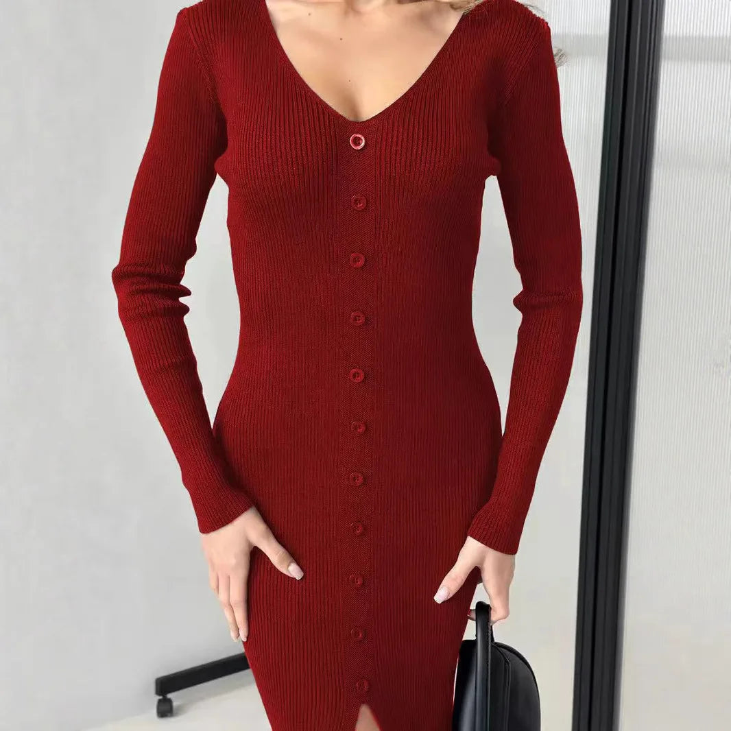 Sophisticated Knitted V-Neck Midi Dress with Long Sleeves VestiVogue