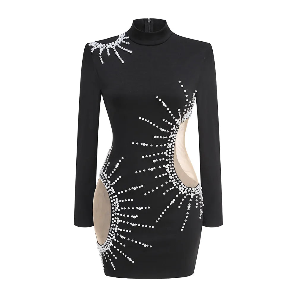 Elegant Black Turtleneck Pearl Embroidery Bodycon Dress VestiVogue black L