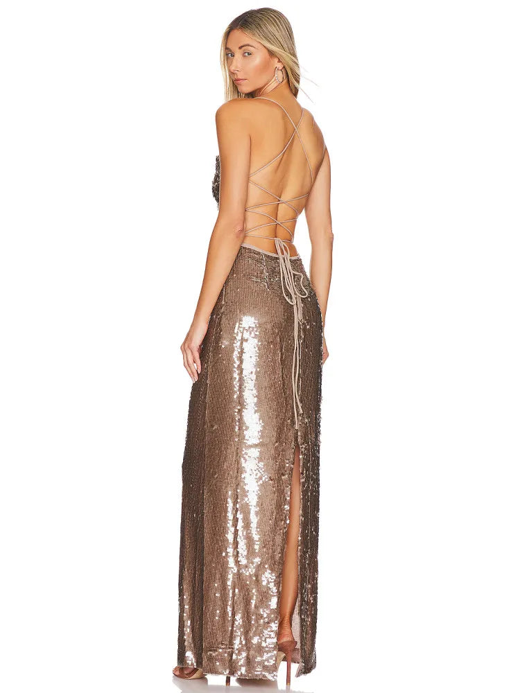 Backless Brown Sequin Maxi Dress VestiVogue