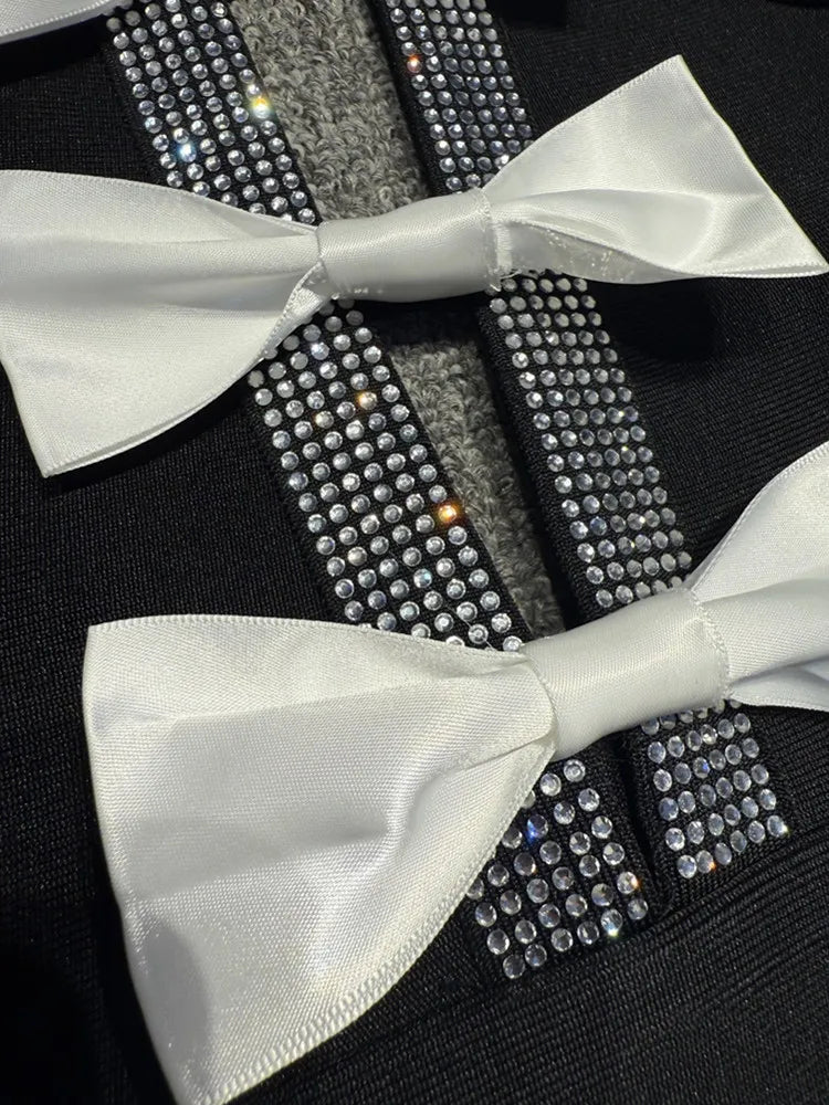 Backless Halter Bow Tie Black Midi Bodycon Dress VestiVogue