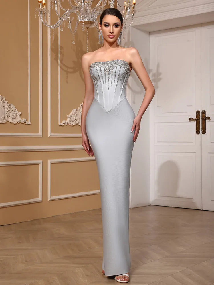 Strapless Beaded Grey Maxi Bodycon Dress VestiVogue GRAY XL