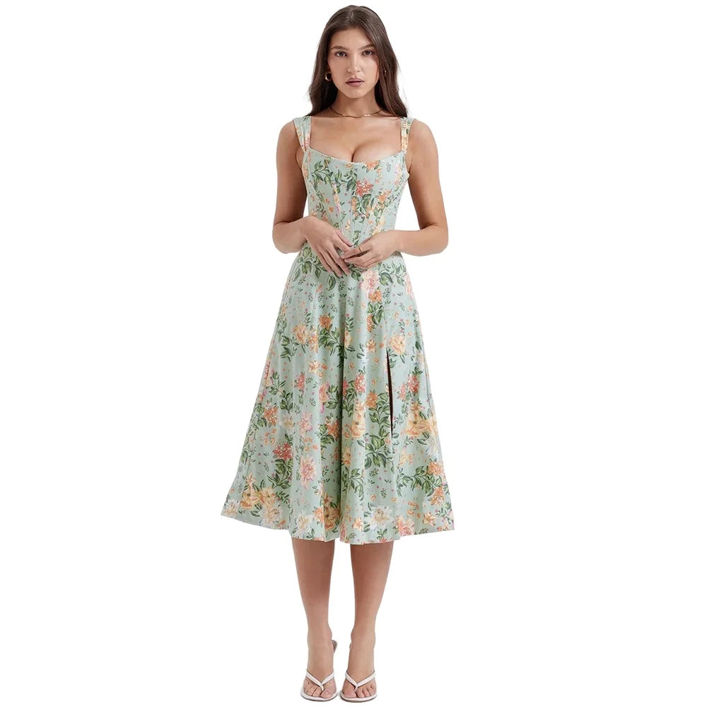 Off The Shoulder floral print  summer dress VestiVogue Green S