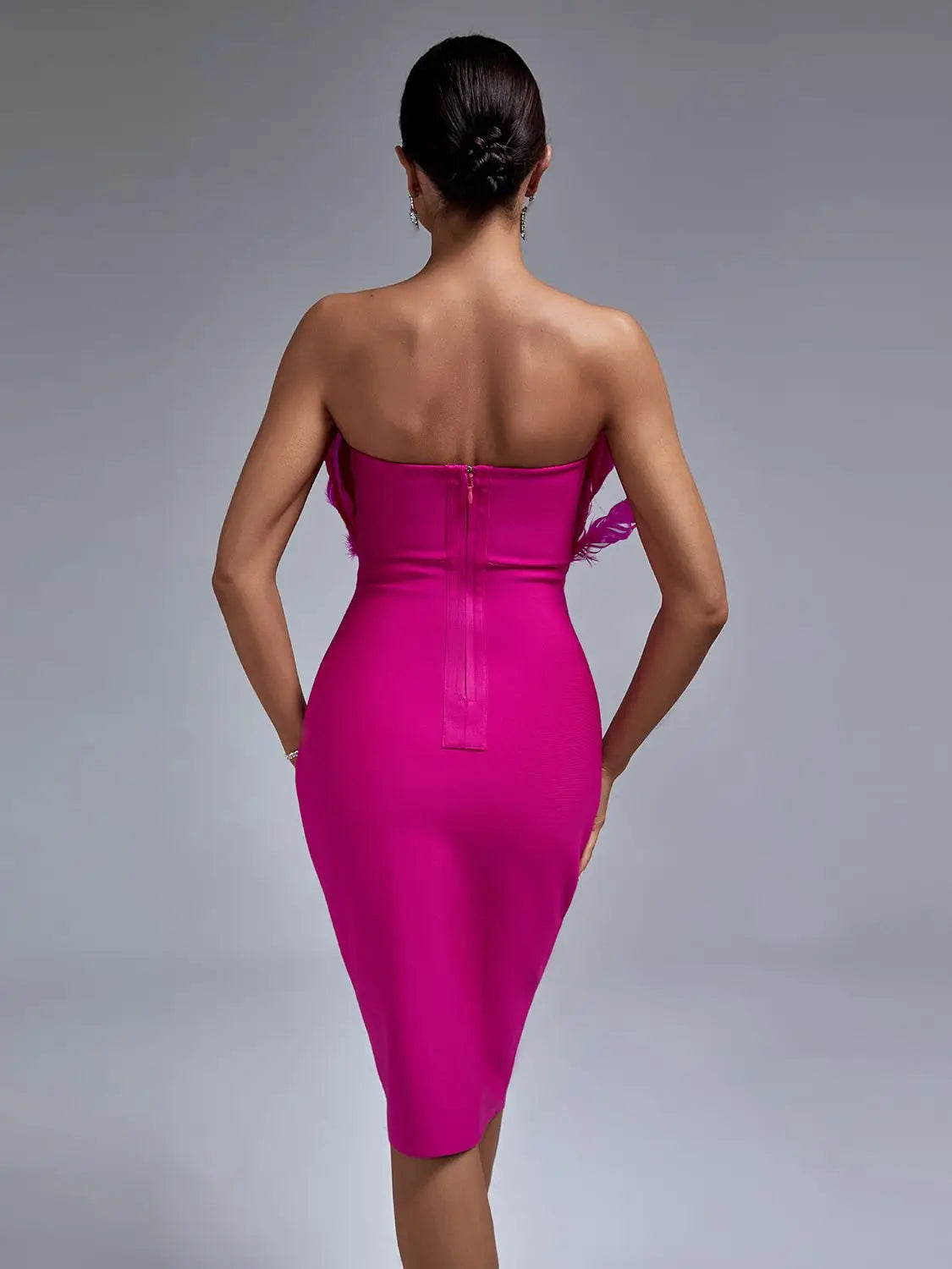 Pink Strapless Bandage Dress with Feather Details VestiVogue