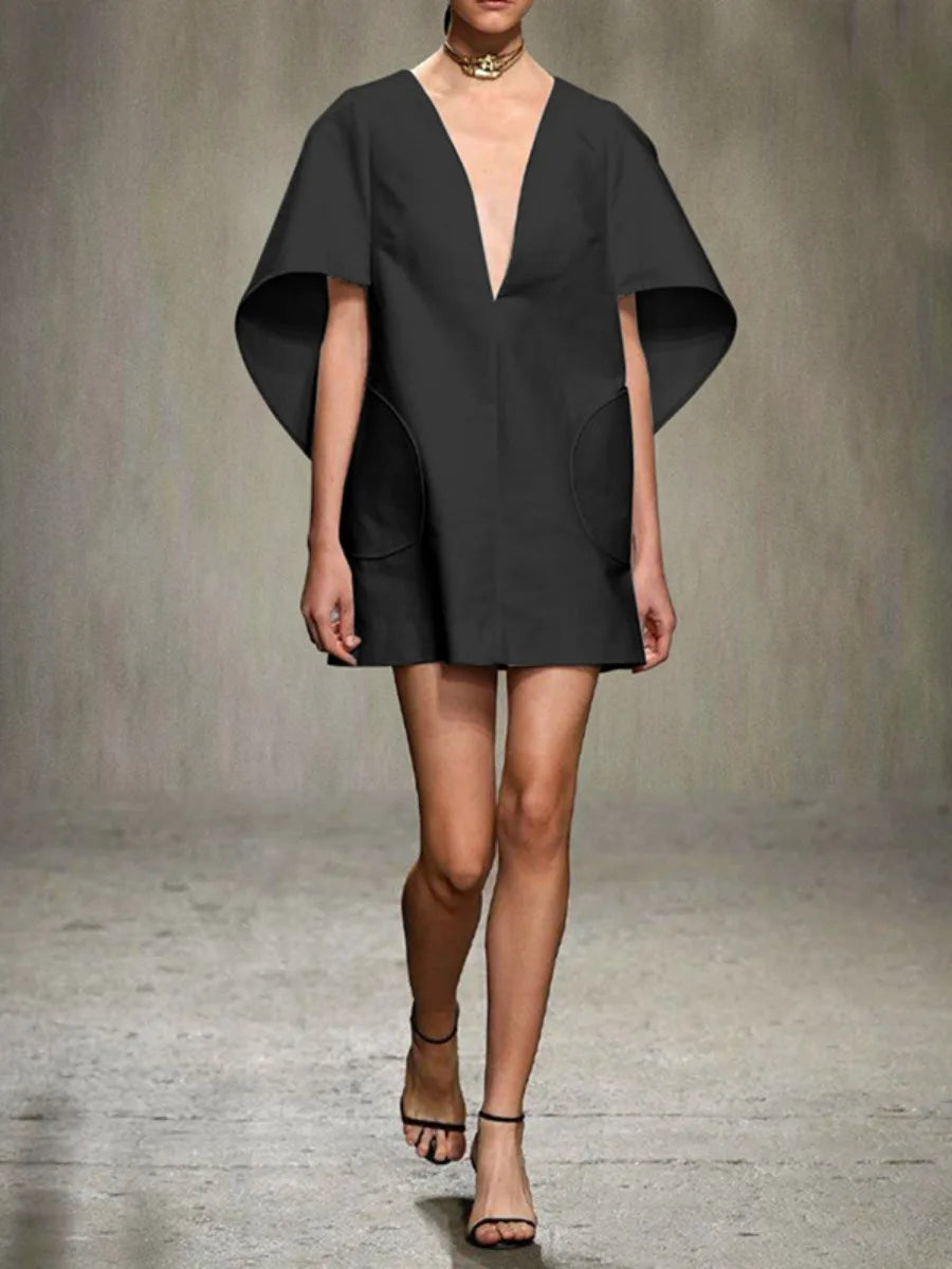 Effortless Chic Deep V-Neck Mini Dress with Flare Sleeves VestiVogue