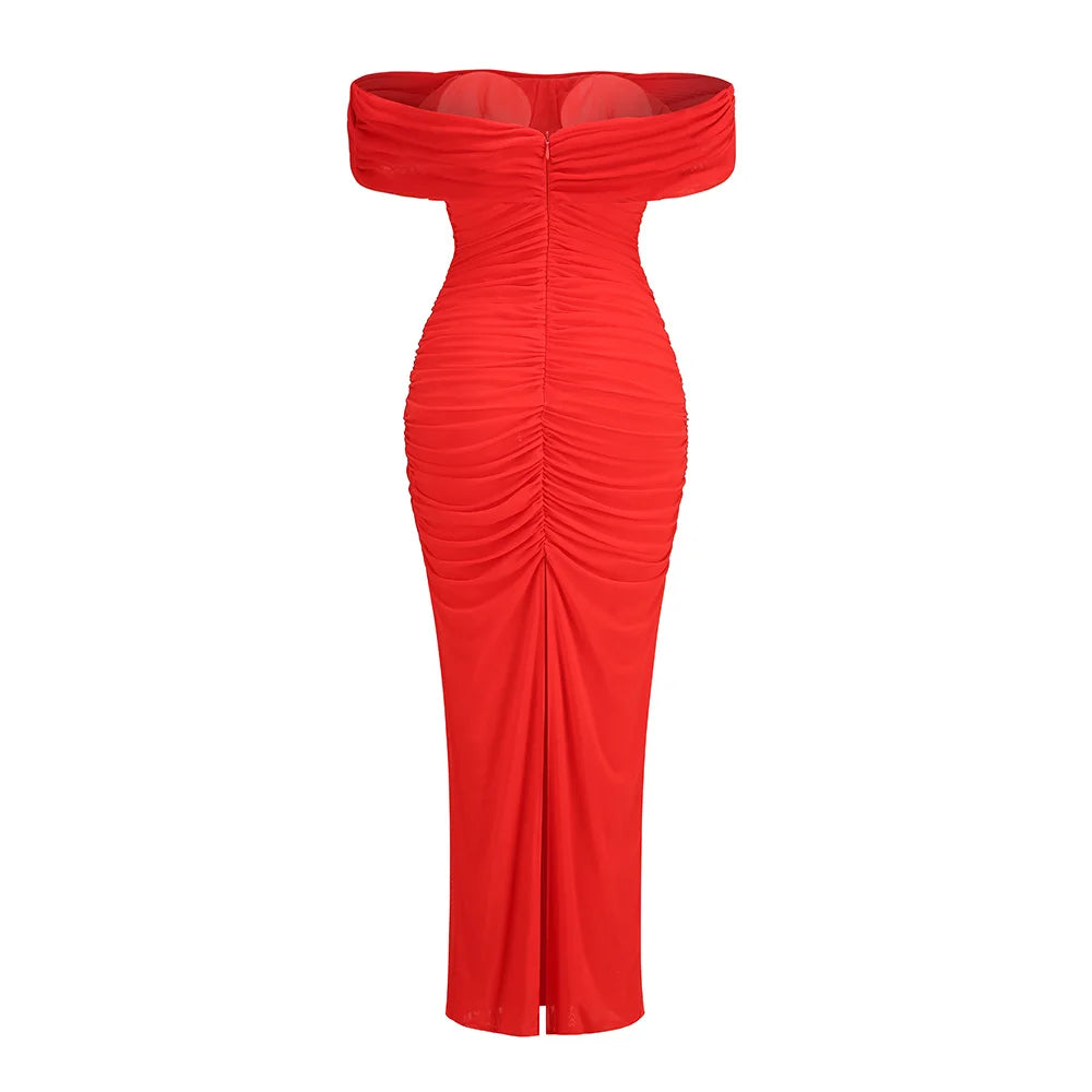 Red Off-Shoulder Ruched Maxi Dress VestiVogue