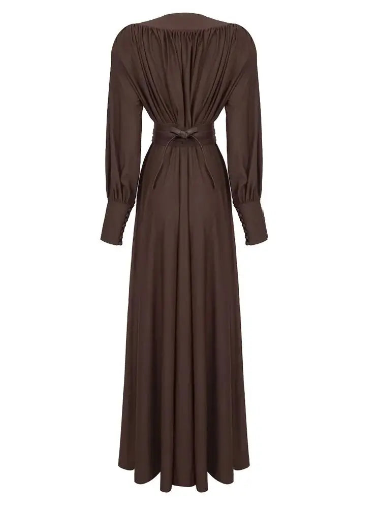 Elegant Brown Pleated Maxi Dress for Women VestiVogue  