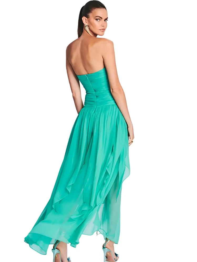 Strapless Mesh Ruched Pleated Long Dress VestiVogue  