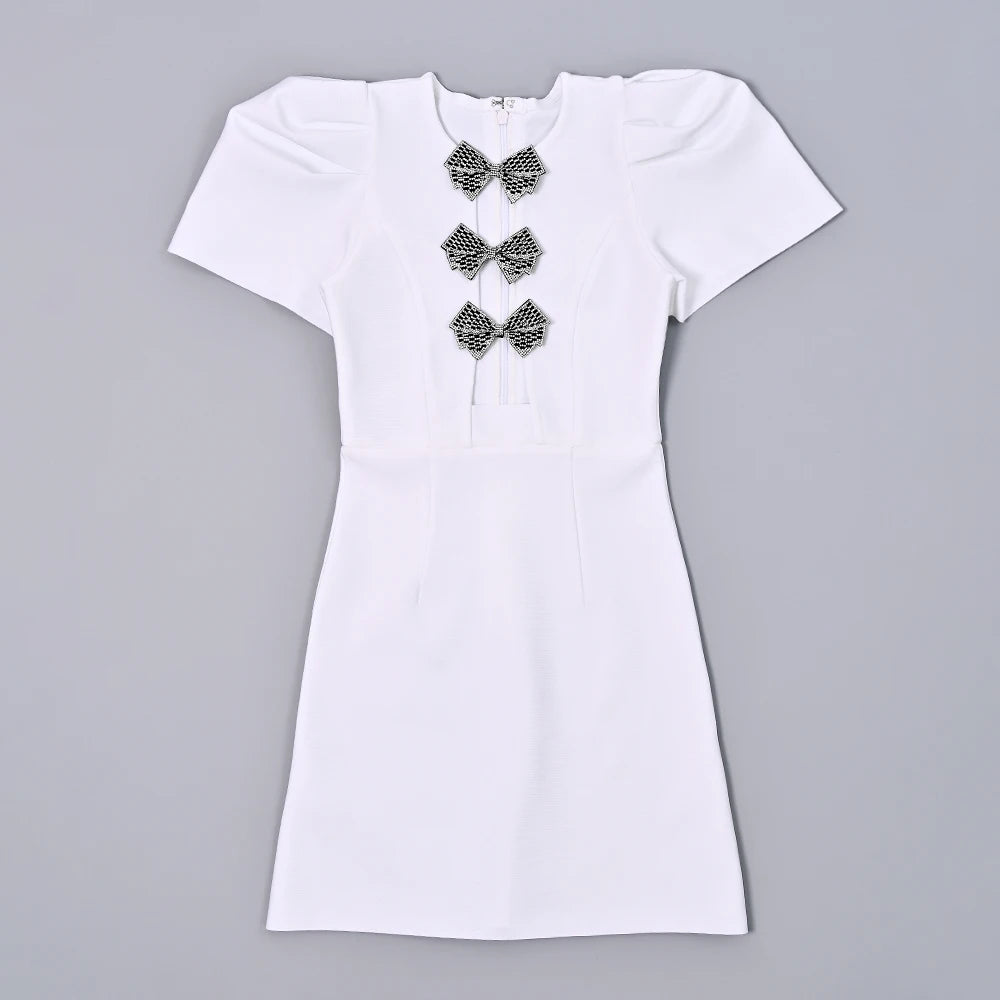 White Bandage Mini Dress with Bow and Crystal Beads VestiVogue